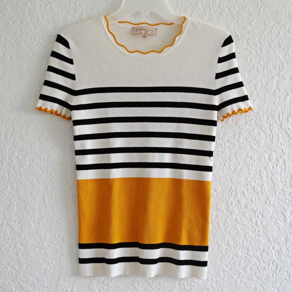 PHILOSOPHY Women's S Black And Yellow Colorblock Striped Ribbed Sweater Top